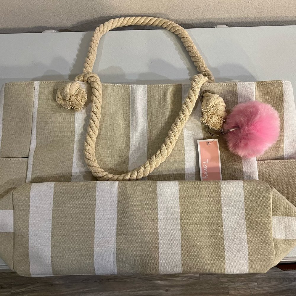 Large Canvas Shoulder Beach Tote with Rope Handles and Pink Pompom